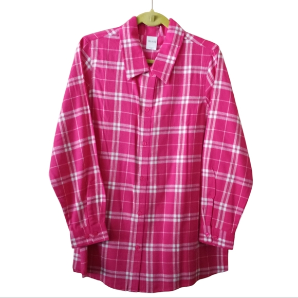 Blair Pink White 100% Cotton Plaid Flannel Button Down Shirt Plus Size L 16/18 - Picture 1 of 7